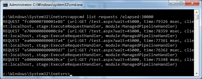 Hung requests shown by AppCmd List Requests command Hung requests shown by AppCmd List Requests command